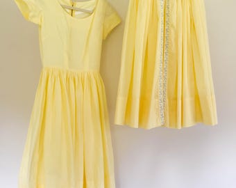60s Vtg Buttercup Yellow Ballerina Dress / Full Overskirt / Ribbon Trim / Wide Scoop Neckline / Cotton / Size XS