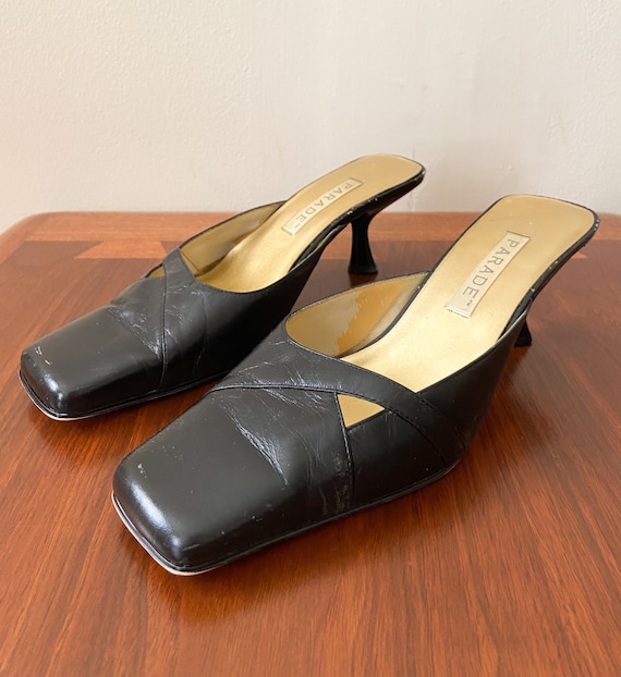 90s Vintage Kitten Heel Mules / PARADE / Black Lea