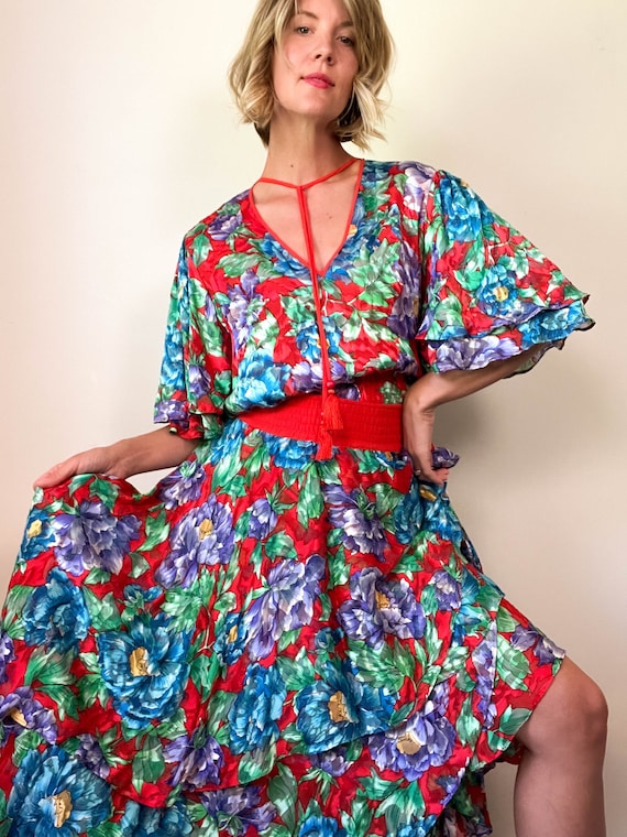 80s Vintage DIANE FREIS Bold Floral Dress / High … - image 2