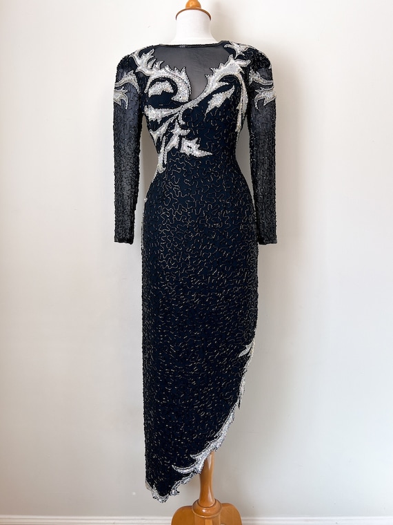 80s Noir Hand-Beaded Glamour Gown / 100% Silk / B… - image 2