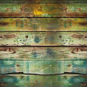 May include: A close-up of a weathered wooden surface with a horizontal grain pattern. The wood is painted in shades of green, brown, and yellow, with visible knots and cracks. The surface has a rustic and aged appearance.