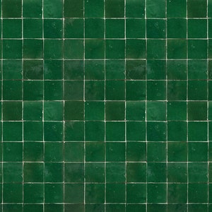 Puede incluir: Una pared cubierta con una cuadrícula de azulejos cuadrados de color verde oscuro. Los azulejos tienen una superficie ligeramente texturizada y están separados por finas líneas de lechada blancas.