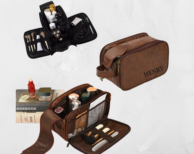 Featured listing image: Personalized Leather Toiletry Bag, Dopp Bag, Groomsmen, Christmas Gift for Dad