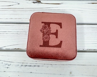 Engraved Floral Initial Jewelry Box, Flower Jewelry Case, Christmas Gifts for Her, Travel Jewelry Box, Engraved Letter, Velvet Travel Case