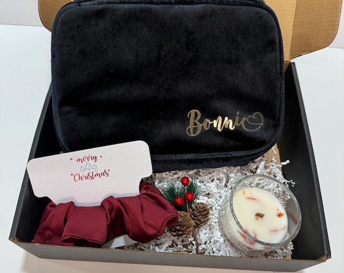 Featured listing image: Personalized Velvet Makeup Bag Gift Box | Christmas Spa Set