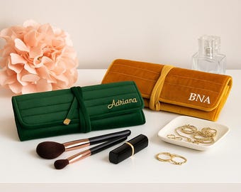 Italian Velvet Jewelry Roll: Suede Travel Jewelry Wrap, Custom Monogram