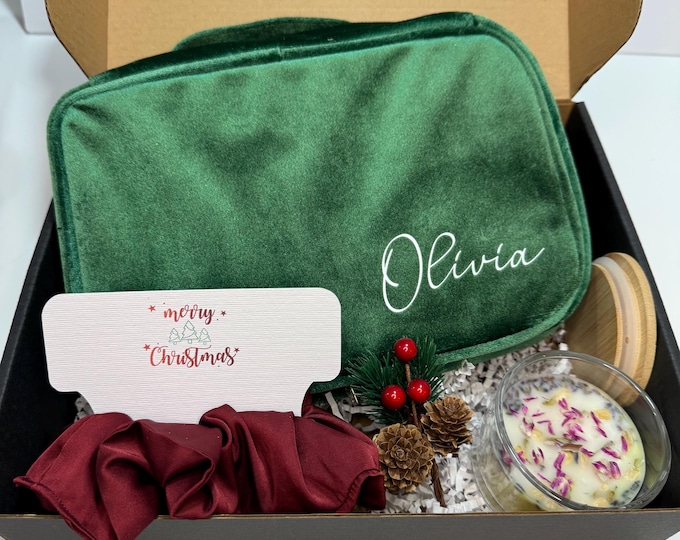 Featured listing image: Personalized Velvet Makeup Bag Gift Set | Holiday Spa Box
