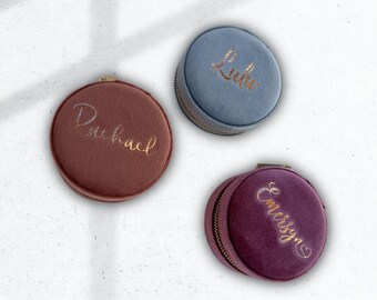 Personalized Round Velvet Travel Jewelry Box, Bridesmaid Gift, Mother's Day gift