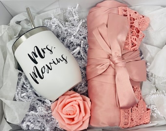 Personalized Bride Gift Box: Satin Robe & Tumbler Bridal Shower Gift