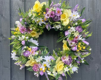 Spring and Summer wreath for your front door, spring summer wreath, gerbera wreath, door wreath, with daisies, tulips, lavender, daffodils,