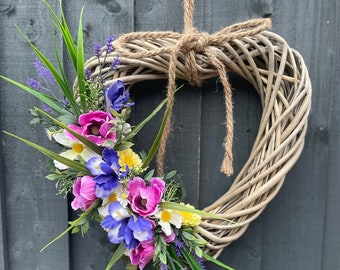 Daisy, poppy and iris spring wreath, Easter wreath, spring/summer wreath, lavender wreath, heart wreath with iris, grass, ruscus