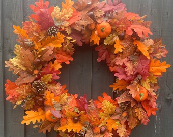 Autumn wreath, autumn wreath for your front door, fall, falls wreath, maple leave, oak leave, acorn, pinecones, pumpkin, Halloween wreath