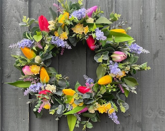 Tulips Spring Wreath: Handmade Easter Decor with Lavender & Eucalyptus