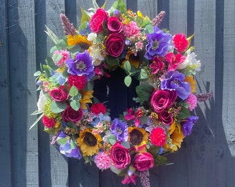 Summer artificial wreath for your front door. Sunflower wreath, door wreath, large full wreath, with sunflowers, roses, berry’s, poppy