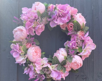 Peony Summer Wreath: Pink Roses, Lavender, Hydrangeas, Front Door Decor