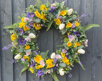 Spring wreath, Easter wreath with daffodils, pansies, eucalyptus, fern cream tulips, eucalyptus wreath, cherry blossom