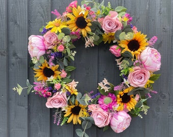 Sunflower Peony Summer Wreath: Artificial Floral Door Decor