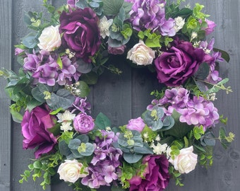 Summer wreath, door wreath, artificial door wreath, with roses, hydrangeas, eucalyptus, astrantia,