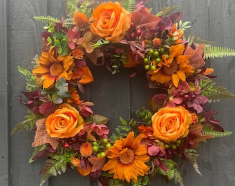 Autumn full wreath, falls wreath, autumn wreath for your front door, with gerberas, roses, autumn foliage, berries, eucalyptus