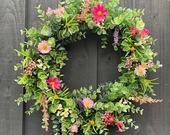 Eucalyptus wreath front door, pink daisies, wild flowers. Summer wreath for your front door, all year round wreath, summer wreath