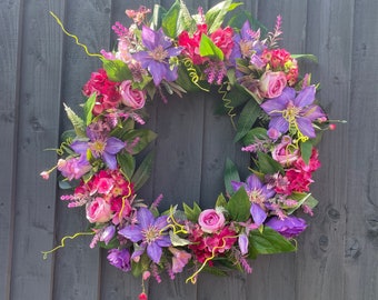 Summer clematis wreath for your front door, with roses, hydrangeas, lavender and clematis, summer wreath, full wreath, large wreath