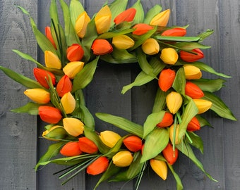 Spring/summer wreath with tulip and tulip leaves and grass strands, artificial wreath, front door, wreath, summer wreath