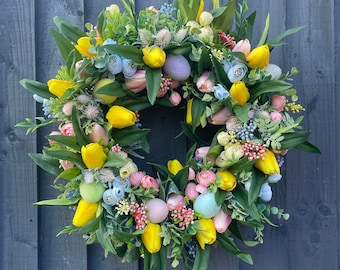 Spring /Easter wreath for your front door. Pastel spring wreath, Easter eggs, tulip wreath, door wreath, ranunculus, door wreath, front door