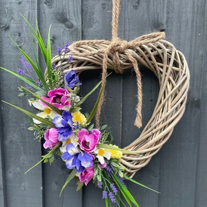 Daisy, poppy and iris spring wreath, Easter wreath, spring/summer wreath, lavender wreath, heart wreath with iris, grass, ruscus