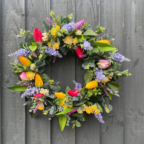 Tulips Spring Wreath: Handmade Easter Decor with Lavender & Eucalyptus
