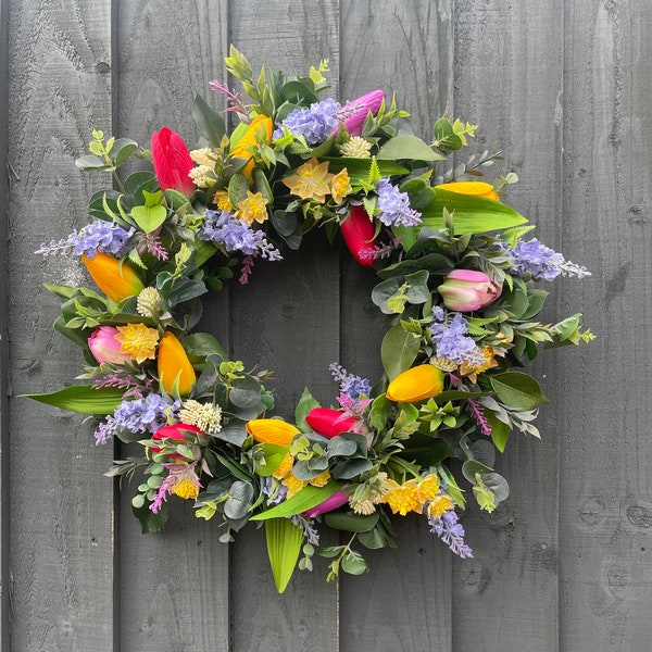 Tulips spring wreath for your front door, Easter wreath, front door wreath, with tulips, lavender, eucalyptus, berries,  astrantia