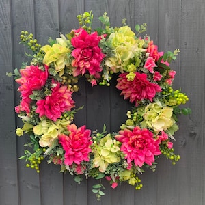 Hot pink dahlia and green hydrangea wreath for your front door. Summer wreath, large luxury wreath, summer wreath for your front door,