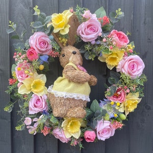 Spring/ Easter wreath for your front door, door wreath, bunny wreath, Easter bunny wreath, Easter decorations, with daffodils, roses, bunny