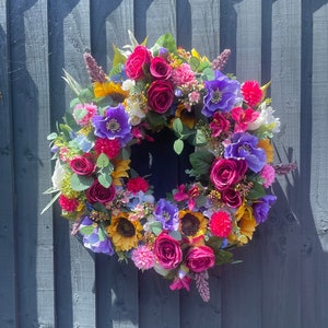 Summer artificial wreath for your front door. Sunflower wreath, door wreath, large full wreath, with sunflowers, roses, berry’s, poppy