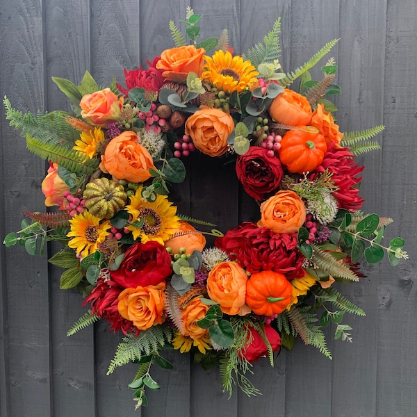 Luxury 50cm autumn wreath for your front door, with peonies,pumpkins, roses, sunflowers. Autumn falls