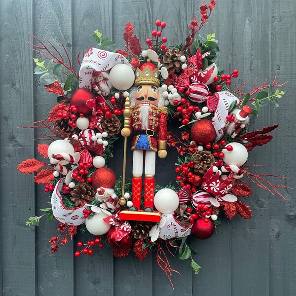 Candy Nutcracker Christmas Wreath, Baubles and Berries