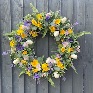 Spring Wreath: Daffodils, Pansies, Tulips, and Eucalyptus