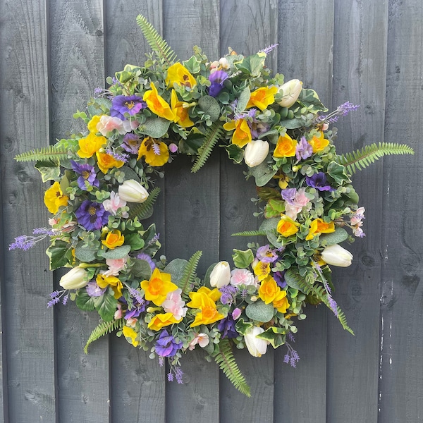 Spring wreath, Easter wreath with daffodils, pansies, eucalyptus, fern cream tulips, eucalyptus wreath, cherry blossom