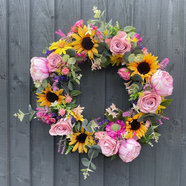 Sunflower, rose and peony summer wreath, summer wreath for your front door, summer wreath, sunflower wreath, full wreath, large wreath