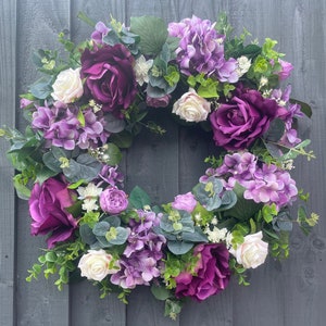 Summer wreath, door wreath, artificial door wreath, with roses, hydrangeas, eucalyptus, astrantia,