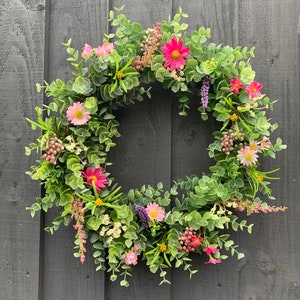 Eucalyptus wreath front door, pink daisies, wild flowers. Summer wreath for your front door, all year round wreath, summer wreath