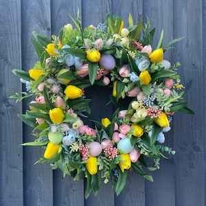 Spring /Easter wreath for your front door. Pastel spring wreath, Easter eggs, tulip wreath, door wreath, ranunculus, door wreath, front door