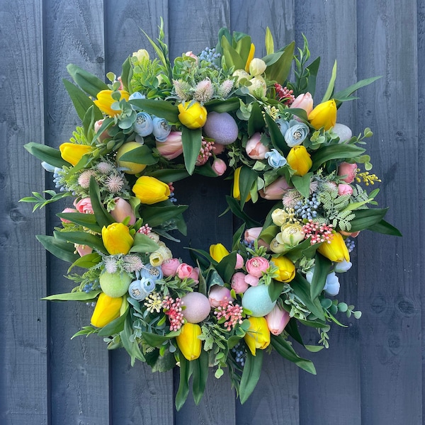 Tulip & Easter Egg Wreath: Pastel Spring Door Decor
