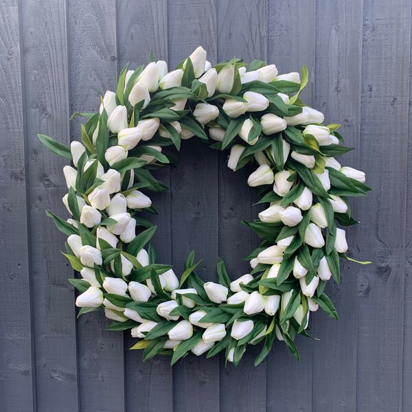 Large White tulip wreath, spring wreath for your front door. Easter