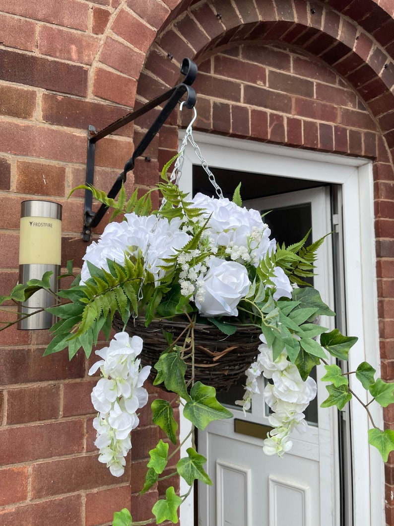 White round artificial hanging basket, with hydrangeas, roses, wisteria, fern and gypsophila. Summer baskets image 1