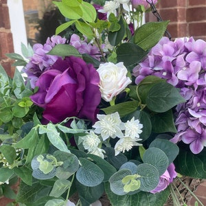 Purple roses, hydrangeas and peony hanging basket, artificial hanging basket, with roses, hydrangeas and peonies, wisteria, Ruscus image 5