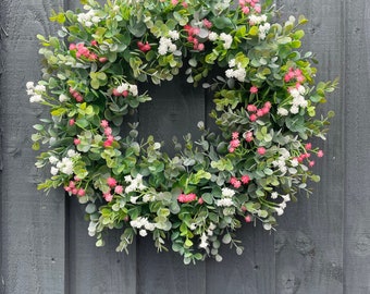 Eucalyptus wreath with gypsophila, summer wreath, spring wreath, all year round, farmhouse, front door