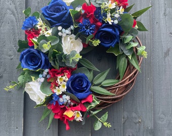 Kings coronation wreath, jubilee door decorations, front door wreath, Union Jack colours, door wreath with roses, hydrangeas, eucalyptus