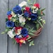 Queens jubilee wreath, jubilee door decorations, front door wreath, Union Jack colours, door wreath with roses, hydrangeas, eucalyptus 