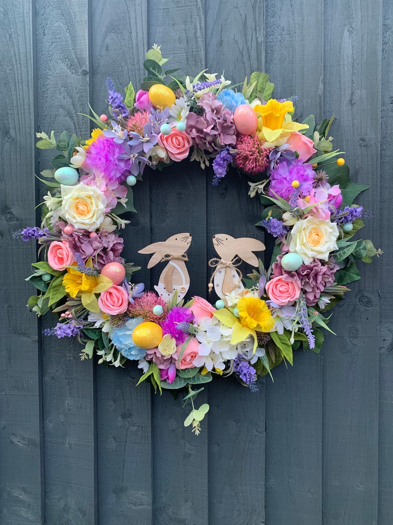 Easter / spring wreath for your front door, with daffodils, Easter eggs, roses, hydrangeas image 1