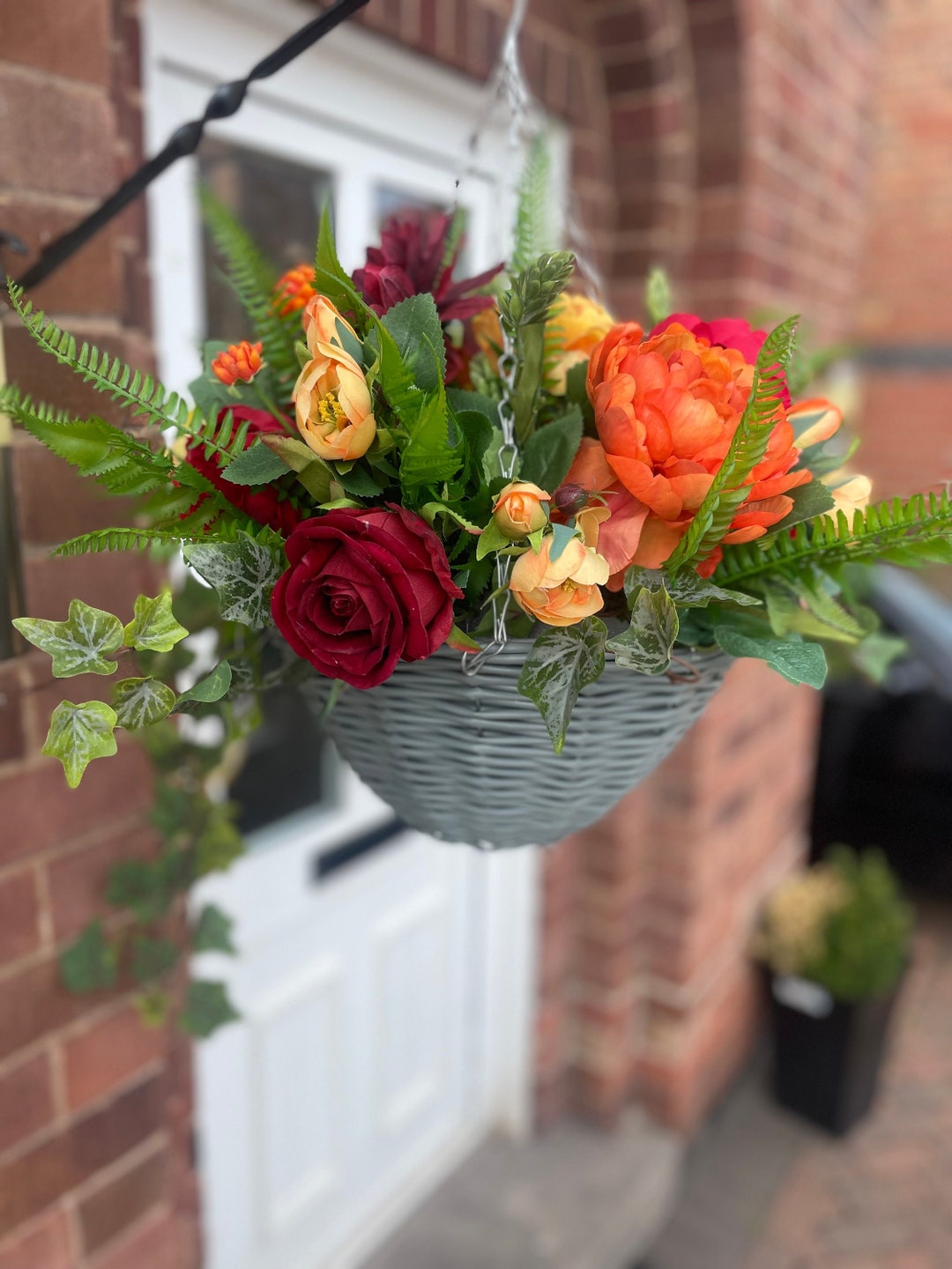 Autumn Hanging Basket, With Roses, Peonies, Chrysanthemum ,artificial